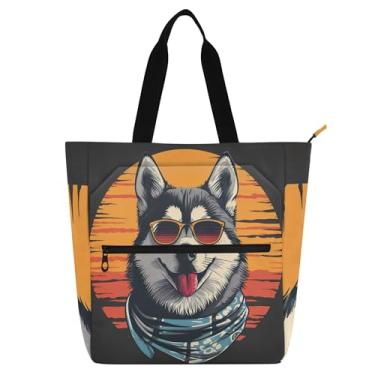 Imagem de GAIGEO Bolsa de trabalho feminina divertida para cães Husky siberiano, bolsa de lona com zíper para professores, presente para amantes de livros