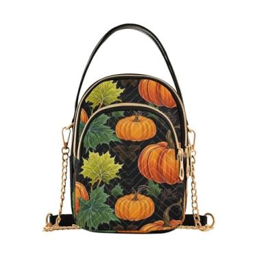 Imagem de GAIGEO Bolsa tiracolo feminina preta e branca floral com folhas e redemoinhos, bolsa tiracolo com alça removível, Abóboras e folhas em preto-3, One Size