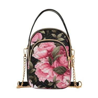 Imagem de Bolsas de ombro florais femininas transversais, bolsas para mulheres, bolsa tiracolo pequena, bolsa transversal de verão, Flor de peônia em preto-1, One Size