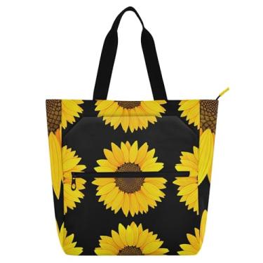 Imagem de GAIGEO Bolsa de trabalho feminina preta com girassóis amarelos brilhantes, lona, praia, escola, bolsas médias com compartimentos