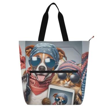 Imagem de GAIGEO Bolsa feminina divertida de selfie para cães e gatos, bolsa de tecido de lona, faculdade, escola, professor, bolsa com compartimentos