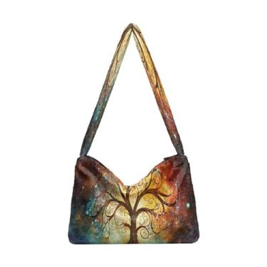 Imagem de Desenho a tinta de planetas em uma bolsa de ombro feminina preta, bolsa de ombro para mulheres, bolsas de outono, Tree in a Space-3, One Size