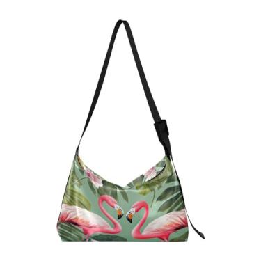 Imagem de Bolsa tiracolo Hobo aquarela maçãs e flores com folhas, bolsa feminina de couro, bolsa transversal de couro, Folhas de palmeira verde flamingos rosa tropical-1, One Size