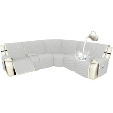 Imagem de Arfntevss Capas para sofá reclináveis 1OO% à prova d'água, em forma de L, capa de sofá reclinável em forma de L, protetor de canto lavável para cães (5 lugares com 1 console, cinza claro)