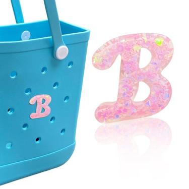 Imagem de HLUWA Berloques de letras para bolsa Bogg, alfabeto itálico rosa lantejoulas acessórios para Bogg e Simply Southern Bag, pingente de letras decorativas para bolsa de praia. (B)