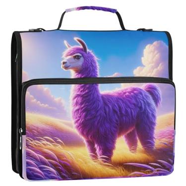 Imagem de Fichários com 3 anéis de 3,8 cm, anel D, lhama roxo, fantástico, fichário com zíper, fichário, com alça, bolsa escolar, carteira de trabalho, suporte para 500 folhas