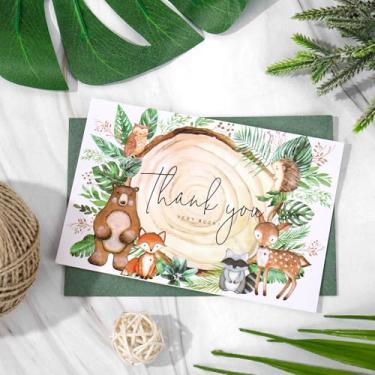 Imagem de JarThenaAMCS Pacote com 50 cartões de agradecimento da floresta em caixa cartão de felicitações verde floresta animal cartão de notas em branco com envelopes adesivos cola bastão para chá de bebê de