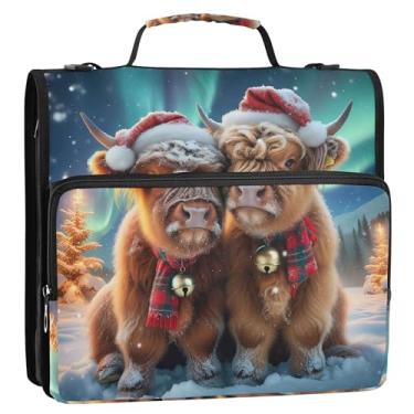 Imagem de Organizador de fichário de viagem com zíper de 3 cm para fichários de 3 anéis, estojo de armazenamento de vaca Highland bonito de Natal com alça para fichários escolares com alça de ombro