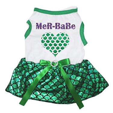 Imagem de Petitebella Mer-Babe Camisa Branca Coração Bling Verde Sereia Tutu Vestido para Cachorro (Bainha Verde, GG)