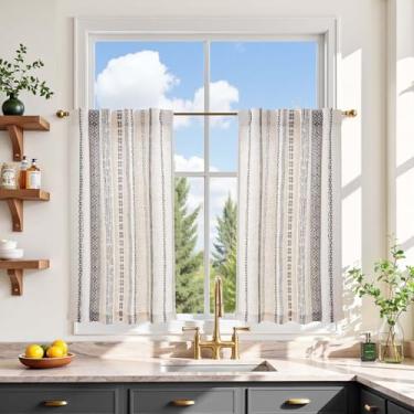 Imagem de jinchan Liora Boho Cortinas de cozinha 76 cm de linho com padrão geométrico Bohemian Cafe pequena filtragem de luz tratamento de janela para sala de estar RV aba traseira 2 painéis preto em linho