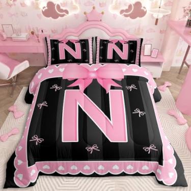 Imagem de jejeloiu Conjunto de edredom com laço rosa para meninas, com laço e coquete, tamanho solteiro, para crianças, meninos, meninas, edredom personalizado, letra N, edredom com estampa de borboleta, nó de