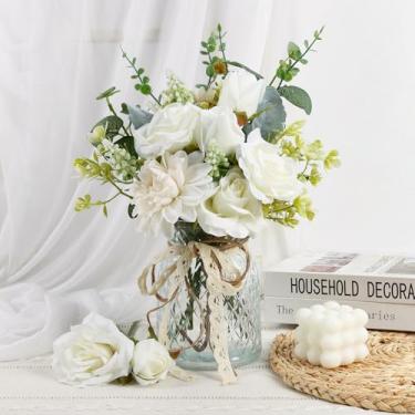 Imagem de CEWOR Flores falsas em vaso, arranjo de flores artificiais em vaso, decoração de mesa floral falsa para cozinha, casa de fazenda, mesa de café, sala de estar, banheiro, decoração de plantas