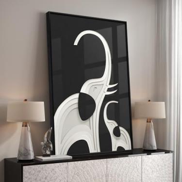 Imagem de Arte de parede emoldurada de elefante preto e branco, pinturas de animais modernos grandes para paredes, imagens minimalistas contemporâneas para sala de estar, sala de jantar, quarto, escritório