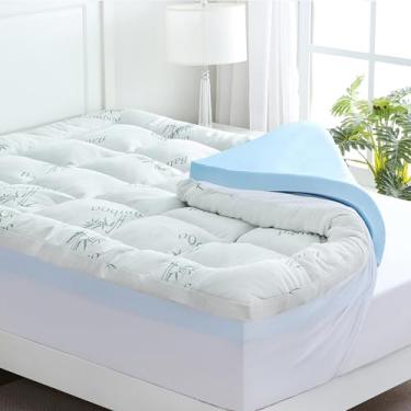 Imagem de DOWNCOOL Colchão completo de camada dupla de 10 cm, espuma viscoelástica de gel de 5 cm e almofada de resfriamento de 5 cm para alívio da dor nas costas, capa de camada de ar de viscose de bambu macio