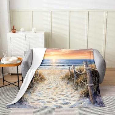 Imagem de jejeloiu Cobertor Queen de lã com tema de praia, 228 x 228 cm, plantas verdes, pôr do sol, madeira, flanela, cobertor felpudo para meninos, meninas, mar, oceano, onda, verão, litoral, cenário natural