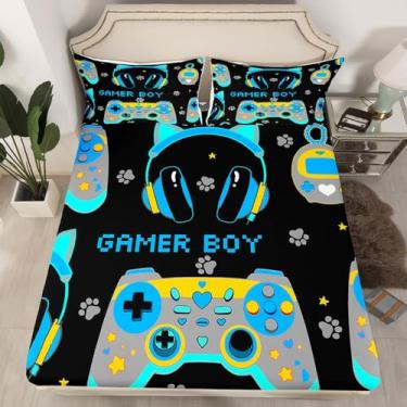 Imagem de Feelyou Jogo de lençol solteiro com desenho animado para crianças, adolescentes e gatos, 2 peças, 1 lençol com elástico + 1 fronha (sem lençol de cima)