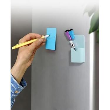 Imagem de 1 suporte magnético de plástico para caneta, design compacto com ímã forte, geladeira e organizador de mesa para escritório, cozinha, azul