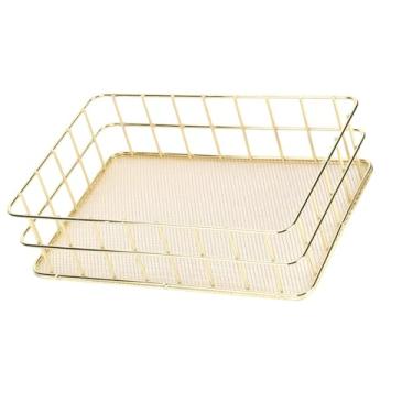 Imagem de Acouto Cesta de Armazenamento de Malha de Arame Dourado Multifuncional Desktop Casa-prateleira de Ferro Forjado Cesta Cozinha Banheiro Sala de Estar (L)