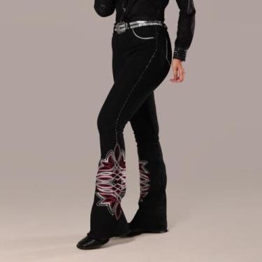 Imagem de Calça Jeans Preta Feminina Flare Bordada American Moda Country Session