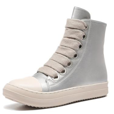 Imagem de MOFEEDOUKA Tênis feminino de cano alto grosso com cadarço de couro sintético plataforma confortável para caminhada com zíper, Prata 1, 36