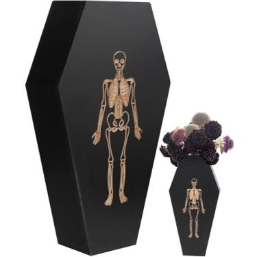 Imagem de Vaso de Halloween - Vaso de caixão gótico para decoração de casa assustadora, com esqueleto gravado, crânio gótico, flor preta - 23 x 13 x 5 cm, (sem flores ou plantas)