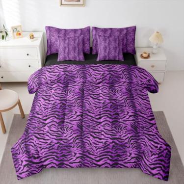 Imagem de Erosebridal Conjunto de cama casal com estampa de tigre roxo e preto, tamanho casal, para mulheres e homens, com estampa de pele de tigre selvagem, estampa de animal de tigre e edredom