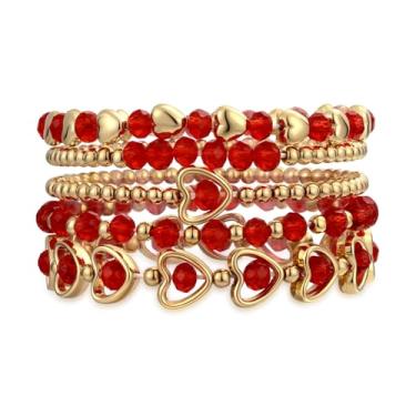 Imagem de sagrence Pulseiras de coração de dia dos namorados para mulheres, conjunto de pulseiras elásticas com contas vermelhas, ouro em camadas, presente romântico para sua namorada, esposa