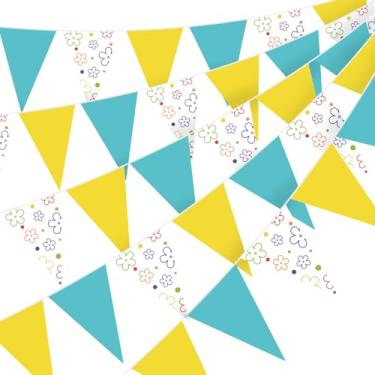 Imagem de Jetec Pacote com 5 bandeiras com tema de esponja de desenho animado de 15 m, guirlanda de bandeiras triangulares, decorações de festa de aniversário, suprimentos para chá de bebê, faixa de desenho