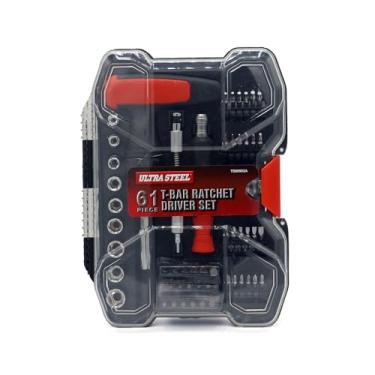 Imagem de Ultra Steel Conjunto de chave catraca T-Bar de 61 peças com troca rápida, tubo flexível, brocas CR-V, soquetes, estojo de armazenamento