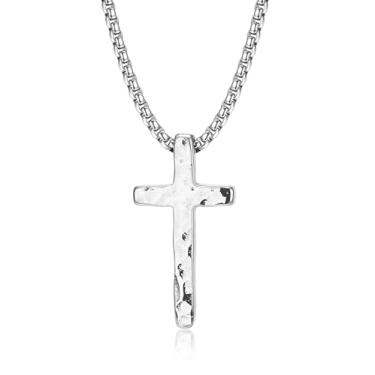 Imagem de MUSECLOUD Colar de corrente de cruz de prata para homens: Colares com pingente de cruzes de aço inoxidável 316L martelado com correntes de caixa joias de Natal cristãs forjadas à mão para homens e