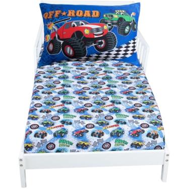 Imagem de Todays Kids Jogo de cama infantil Monster Truck - Jogo de cama infantil de 2 peças para meninos, lençol com elástico 71 x 132 cm e fronha de 50 x 76 cm, microfibra macia, respirável e resistente ao