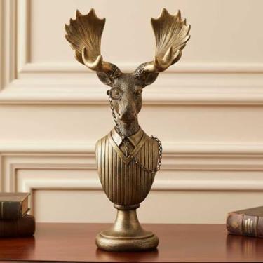 Imagem de Newinhome Escultura de estátua de animal vintage, estatueta de busto de veado de resina dourada com óculos e terno, decoração de mesa de escritório retrô para sala de estar em casa, presente criativo