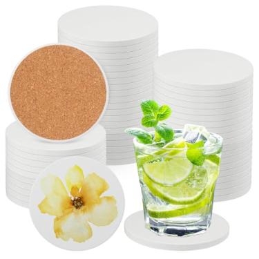 Imagem de GNIEMCKIN 50 peças de porta-copos redondos de cerâmica em branco de 9,5 cm, porta-copos de azulejos de cerâmica não esmaltados com almofadas de suporte de cortiça para pintura, artesanato DIY
