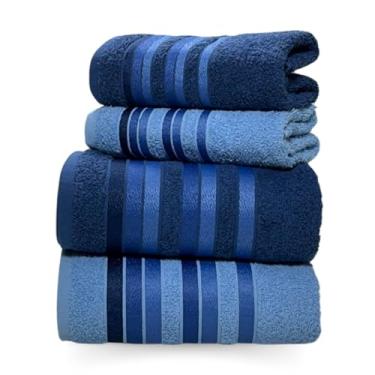 Imagem de Jogo 4 Peças Toalhas de Banho - 100% Algodão, Grossa Felpuda e Macia, Excelente Absorção para Ambientes Domésticos e Hospedagem (Azul Claro/Azul Escuro)