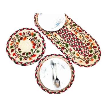 Imagem de Jogo americano de juta e corredor de mesa – conjunto de jantar boho tecido à mão de 7 peças – 6 jogos americanos redondos (35 cm) + caminho de mesa oval (78,7 cm x 33 cm) – decoração de mesa rústica