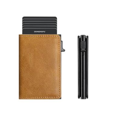 Imagem de Carteira masculina fina pop-up de alumínio com capa de couro com bloqueio de RFID, design compacto minimalista preto, Marrom, Minimalista