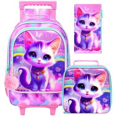 Imagem de HPJGD 3 unidades de mochila com rodinhas para meninas, resistente à água, impressão UV, conjunto de mochilas com rodas, Mochila com rodinhas Uv Priting com corrente dourada rosa