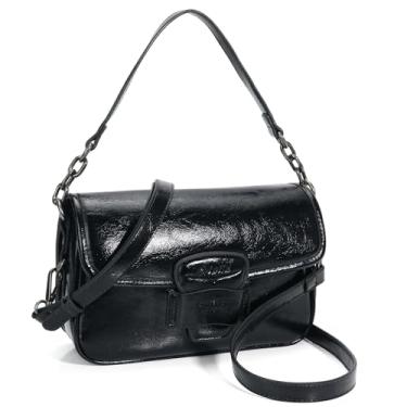Imagem de Chinllo Bolsa transversal feminina com aba, bolsas de couro vegano com alça superior e alça ajustável, Preto-lacado, Medium