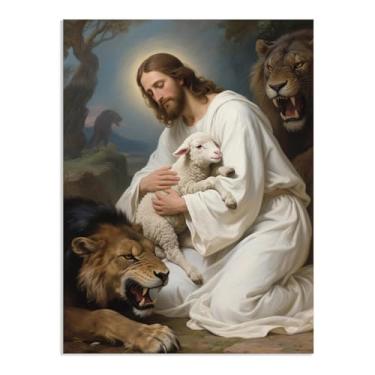 Imagem de Arte de parede em tela rosto cristão de Jesus impressões de leão e cordeiro decoração de parede pintura religiosa imagens de igreja para sala de estar 40 x 30 cm (16 x 12 polegadas) sem moldura