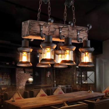 Imagem de Luminária pendente vintage de madeira, estilo retrô, com lâmpada Edison E27 de 6 chamas, design industrial, rústica e com altura ajustável. Ideal para salas de jantar, lofts e salas de estar