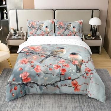 Imagem de Capa de edredom com pintura chinesa, tamanho casal, aquarela, pássaro, animal, 100% algodão puro, estampa vermelha, floral, tradicional, conjunto de cama com 2 fronhas para adolescentes e adultos