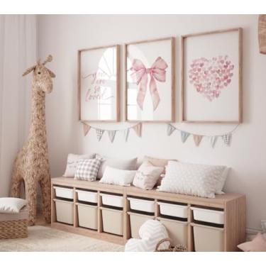 Imagem de Decoração de parede 3 peças de pintura em tela com laço rosa You Are So Loved Impressões de pôster de arte para decoração de quarto de berçário com moldura interna de madeira