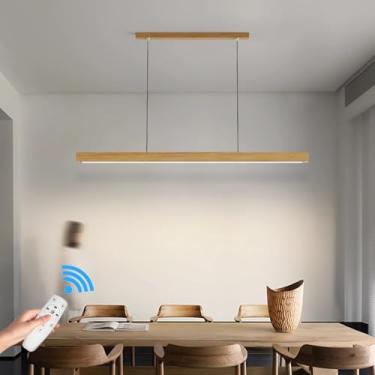 Imagem de Luminária pendente de madeira com LED dimerizável e controle remoto, ideal para sala de jantar, cozinha, escritório ou bar. Modelo BD424, lustre moderno (120 cm de comprimento).