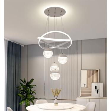 Imagem de Lustre pendente LED para mesa de jantar com 4 chamas, design moderno e sofisticado, com anel de cristal acrílico, dimerizável e controle remoto, ideal para sala de jantar e cozinha (branco).