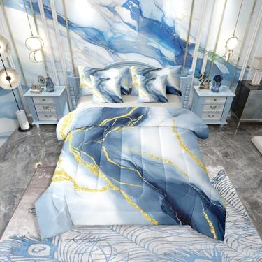 Imagem de Erosebridal Conjunto de edredom solteiro de mármore azul celeste com 7 peças, textura dourada, estampa de luxo, em uma bolsa, simples, estética, mármore, moderno, boêmio, conjunto de cama fluida