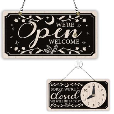 Imagem de PLIGREAT Placa de madeira aberta e fechada, placa aberta dupla face com relógio We Are Open Closed Signs for Business Retail Store Window Wall Decor Sinais de porta pendurada com corrente, estilo