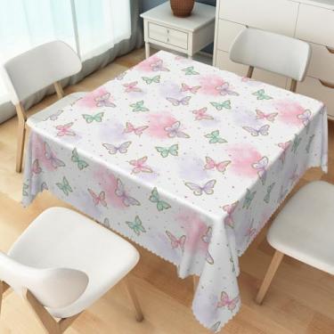 Imagem de TTQYFNM Toalha de mesa quadrada com borboletas de 178 x 178 cm, aquarela rosa, roxo, azul-petróleo, toalha de mesa de tecido impermeável para meninas, festa de aniversário, chá de bebê, decoração de