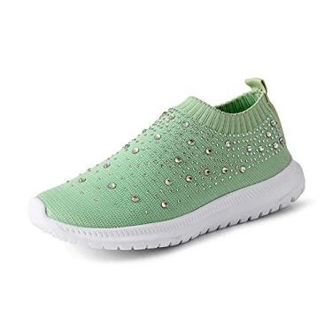 Imagem de GOSPT Tênis feminino de malha para caminhada, strass, glitter, sem cadarço, para salão, jazz, dança latina, meia, Verde, 34