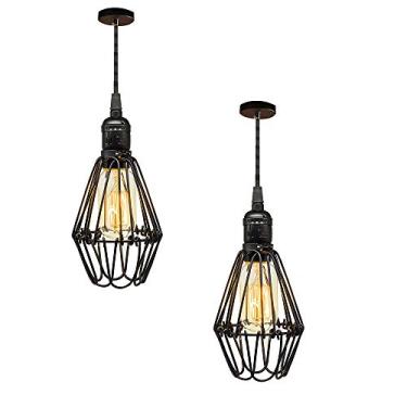 Imagem de Conjunto de 2 luminárias pendentes de teto estilo industrial vintage, 220V, semi-embutidas, em metal, para uso interno, compatíveis com lâmpadas E27, na cor preta.