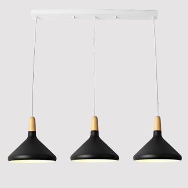Imagem de Lustre nórdico linear moderno e colorido, luminária pendente para sala de jantar com 3 lâmpadas E27 e cúpula de metal, ideal para quarto, cozinha e ilha. Altura ajustável.